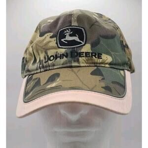 John Deere Season Womens Farmer Hat Camo Green Pink Edge Snap‎ Back EUC